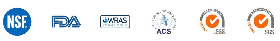 Six certification logos, including NSF, FDA, WRAS, ACS, and two SGS marks, arranged horizontally on a white background.