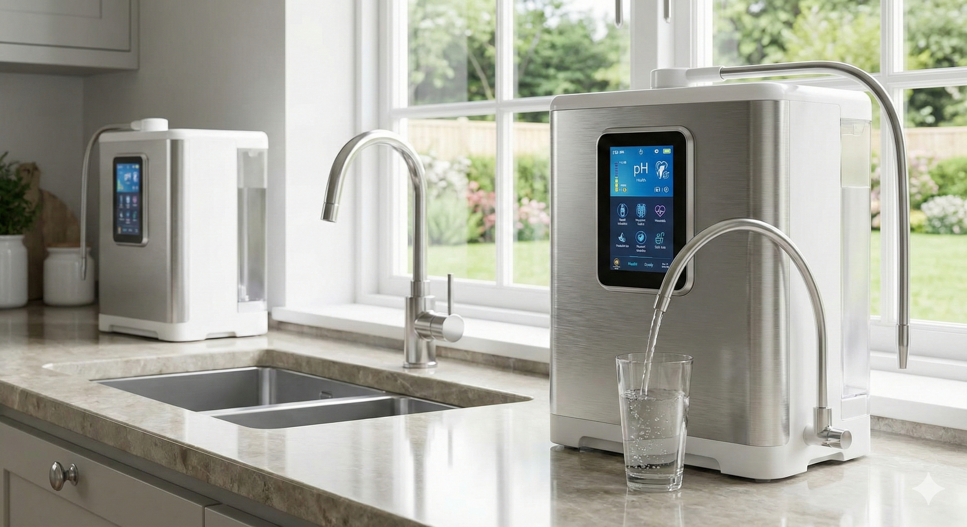 Two stainless steel water filtration systems sit on a kitchen countertop near a sink and window, pouring water into a glass.