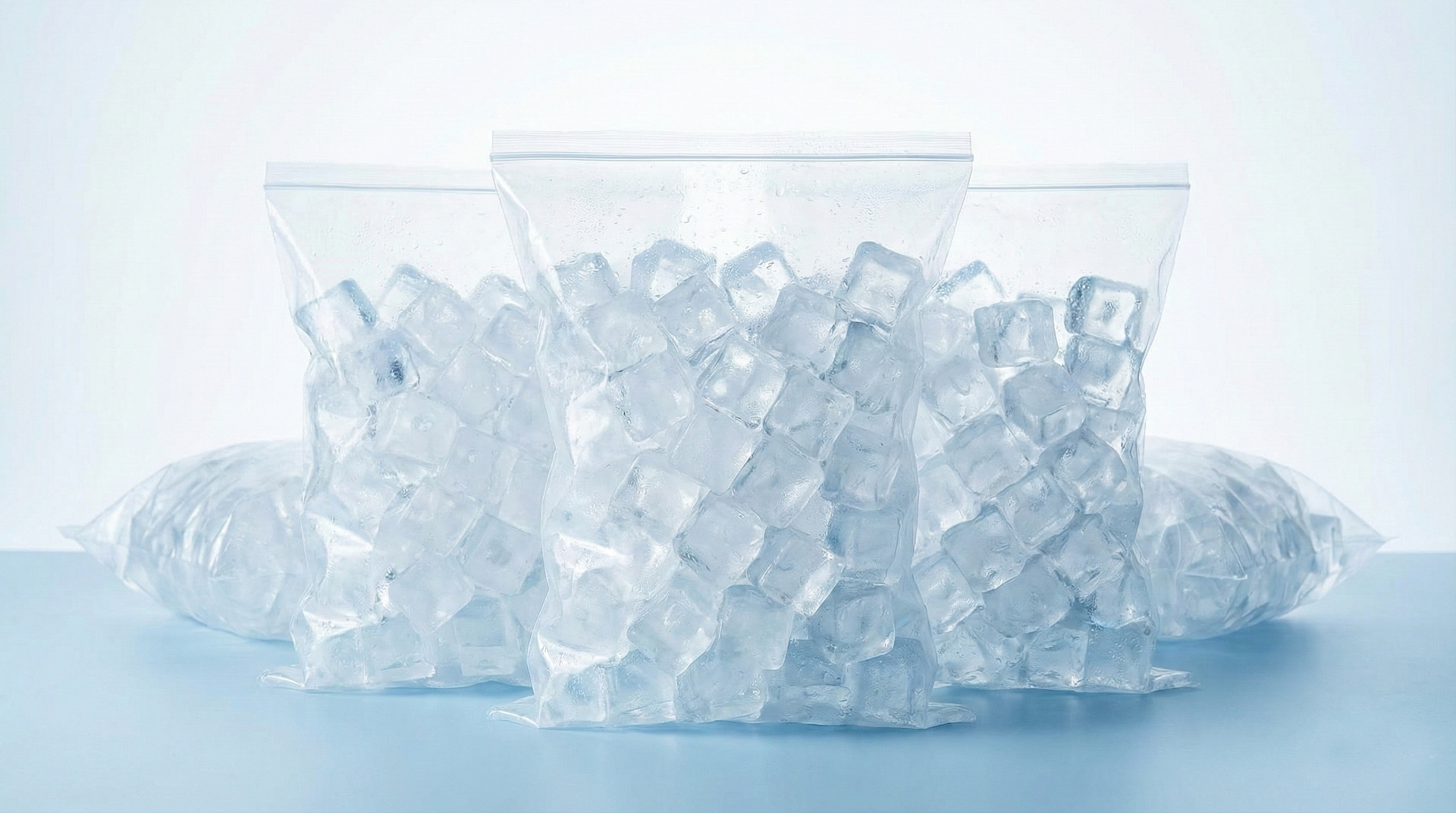 Bags filled with ice cubes on a light blue surface. Three bags are upright, two bags lie on the side.