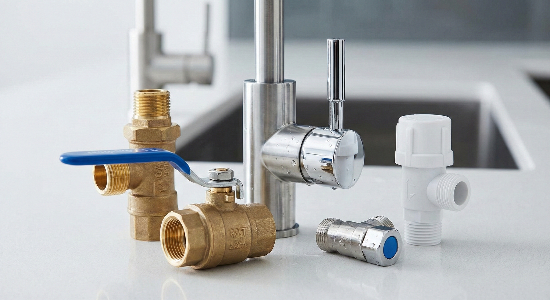 Assorted plumbing fixtures, including ball valves and faucets, arranged on a countertop near a sink.