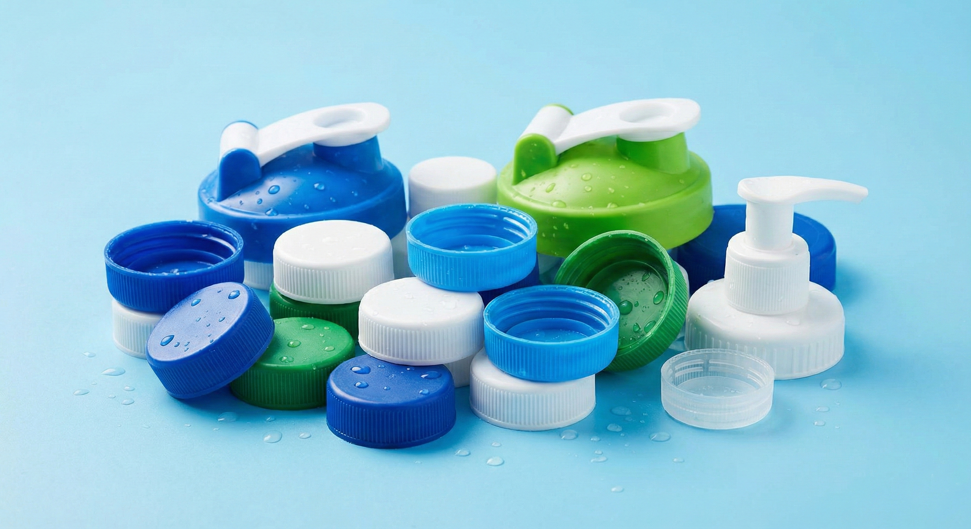 Pile of blue, green, and white plastic bottle caps against a light blue background.