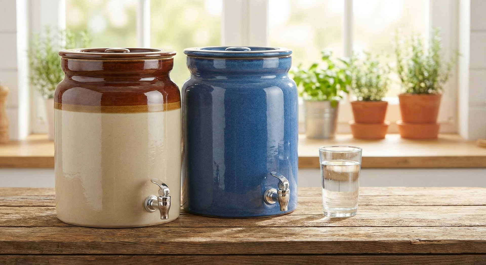 Two ceramic water dispensers, one brown, one blue, with spouts, on a wooden table, with a glass of water, and plants in the background.