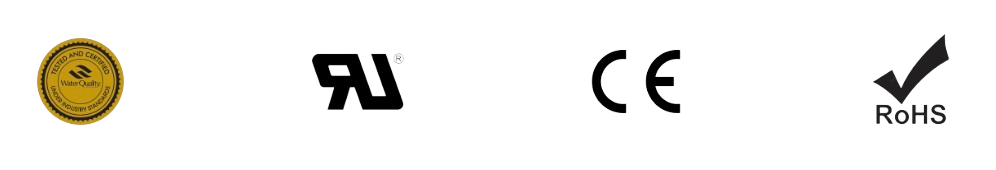 Six certification logos, including NSF, FDA, WRAS, ACS, and two SGS marks, arranged horizontally on a white background.