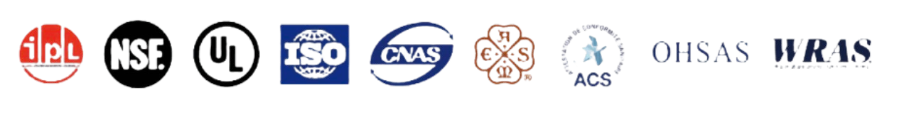 A row of various industry certification and standards logos, including NSF, UL, ISO, CNAS, ACS, OHSAS, and WRAS.