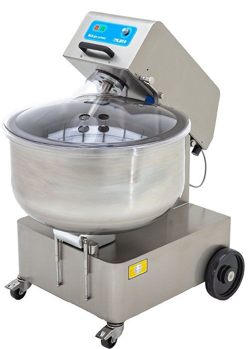 A stainless steel mixer with wheels on a white background
