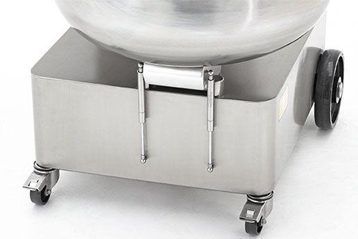A stainless steel container with wheels on a white background.