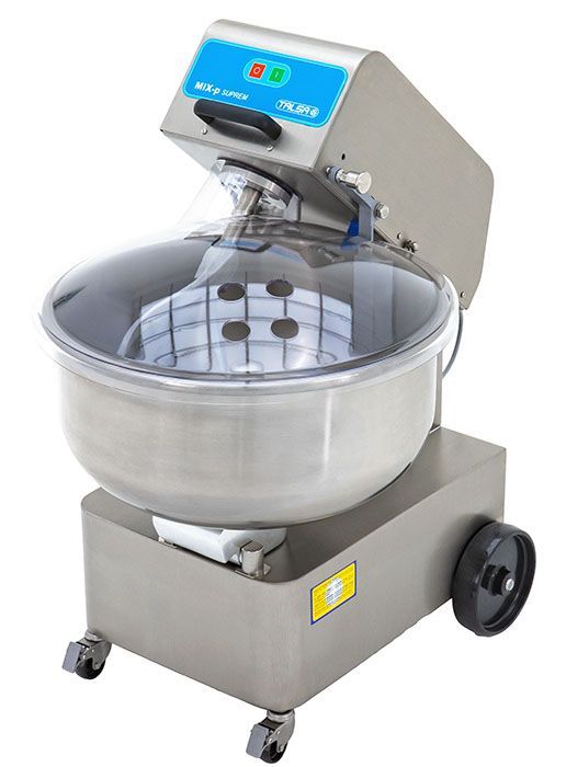 A stainless steel mixer with wheels on a white background