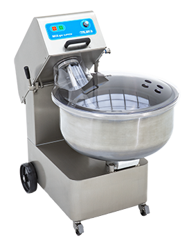 A stainless steel mixer with wheels on a white background