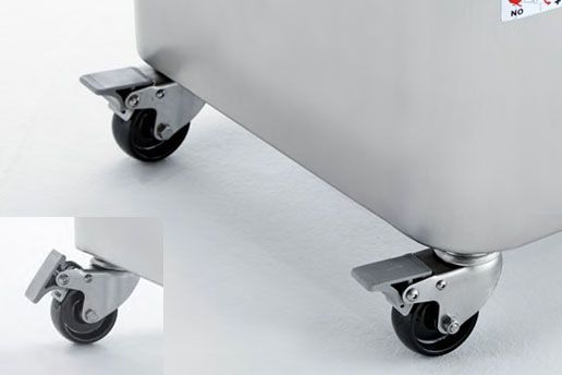 A stainless steel container with wheels on it