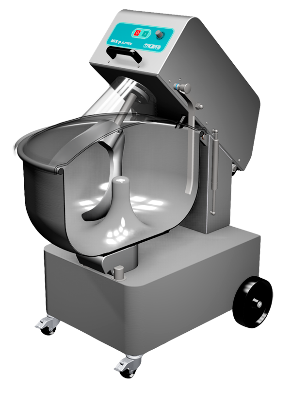 A stainless steel mixer with wheels on a white background