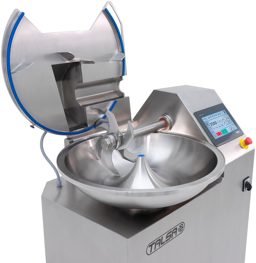 A stainless steel bowl mixer with the lid open