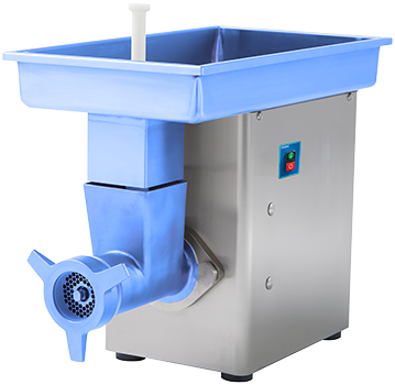 A meat grinder with a blue tray on top of it.