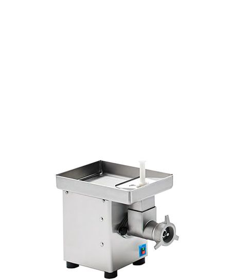 A stainless steel meat grinder is sitting on a white surface.