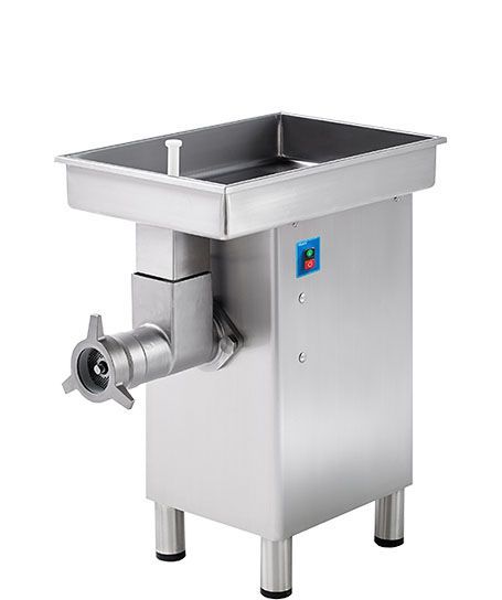 A stainless steel meat grinder is sitting on a white surface.