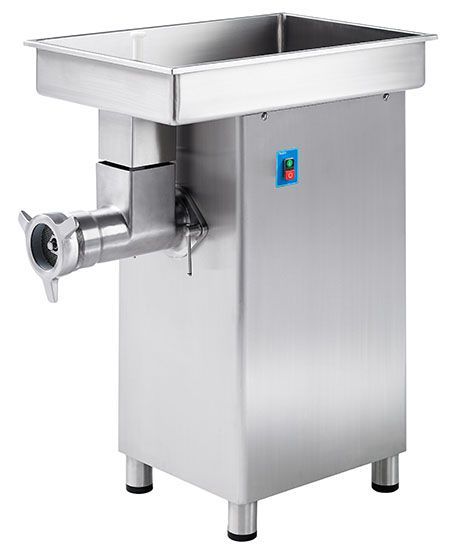A stainless steel meat grinder is sitting on a white surface.