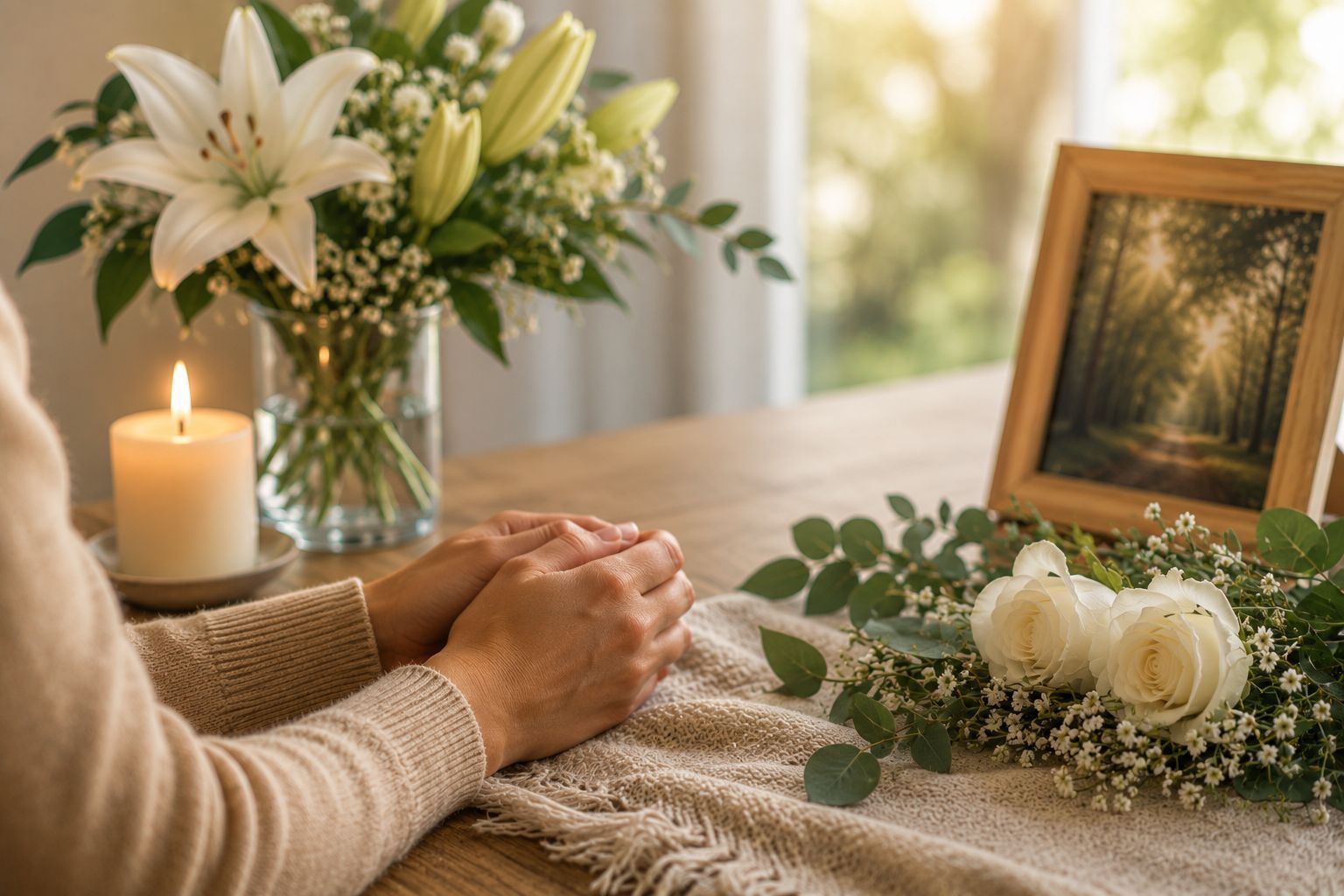 Comforting cremation services with flowers, candle, and quiet remembrance in Long Beach, CA.