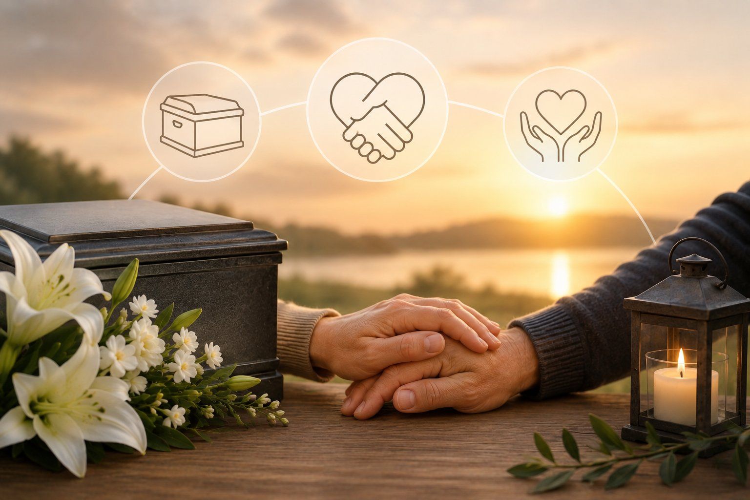 Compassionate cremation services and grief support with comforting hands, floral tribute