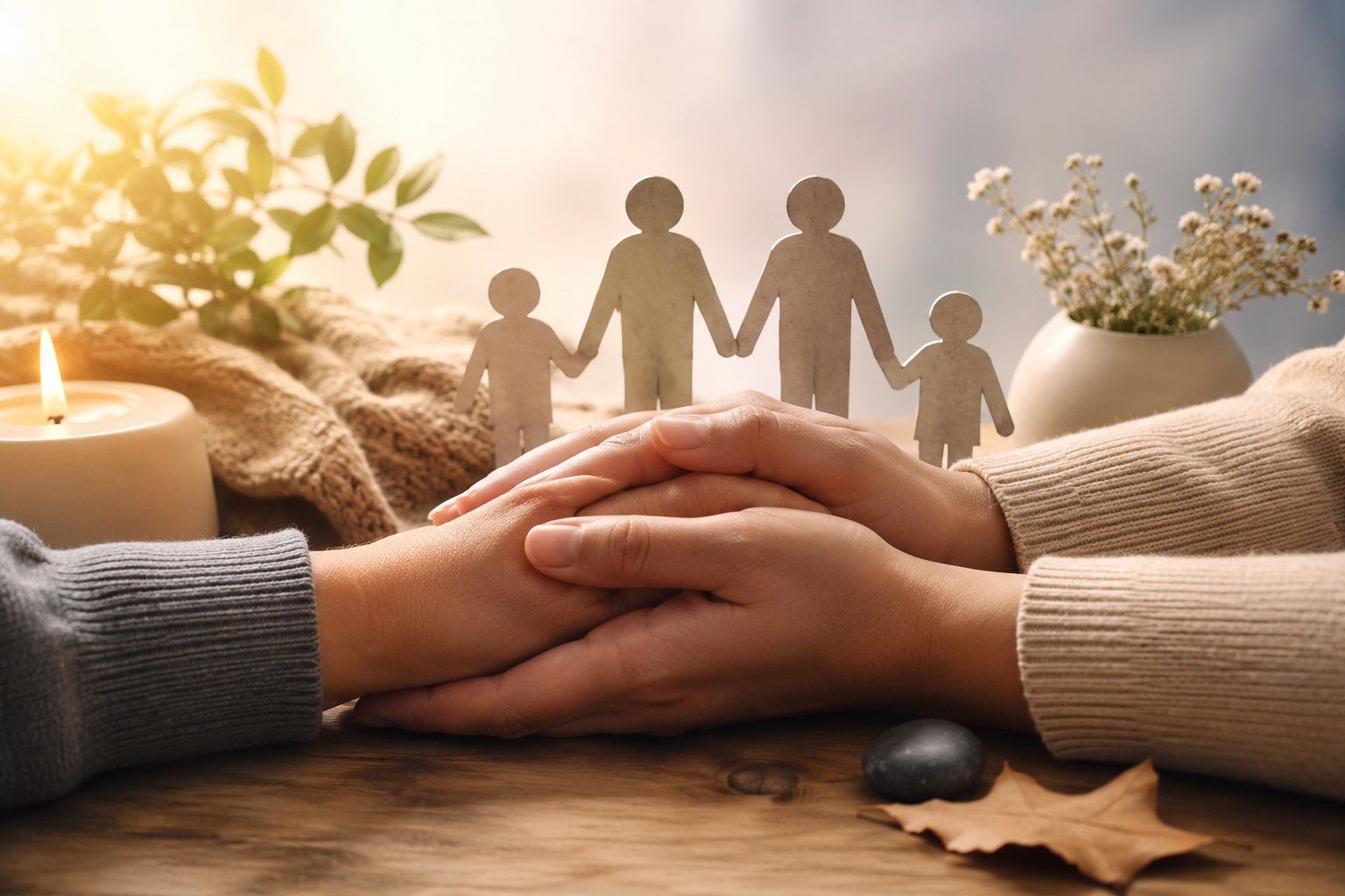 Compassionate grief support with comforting hands, family symbols, and a memorial candle in Los Alam
