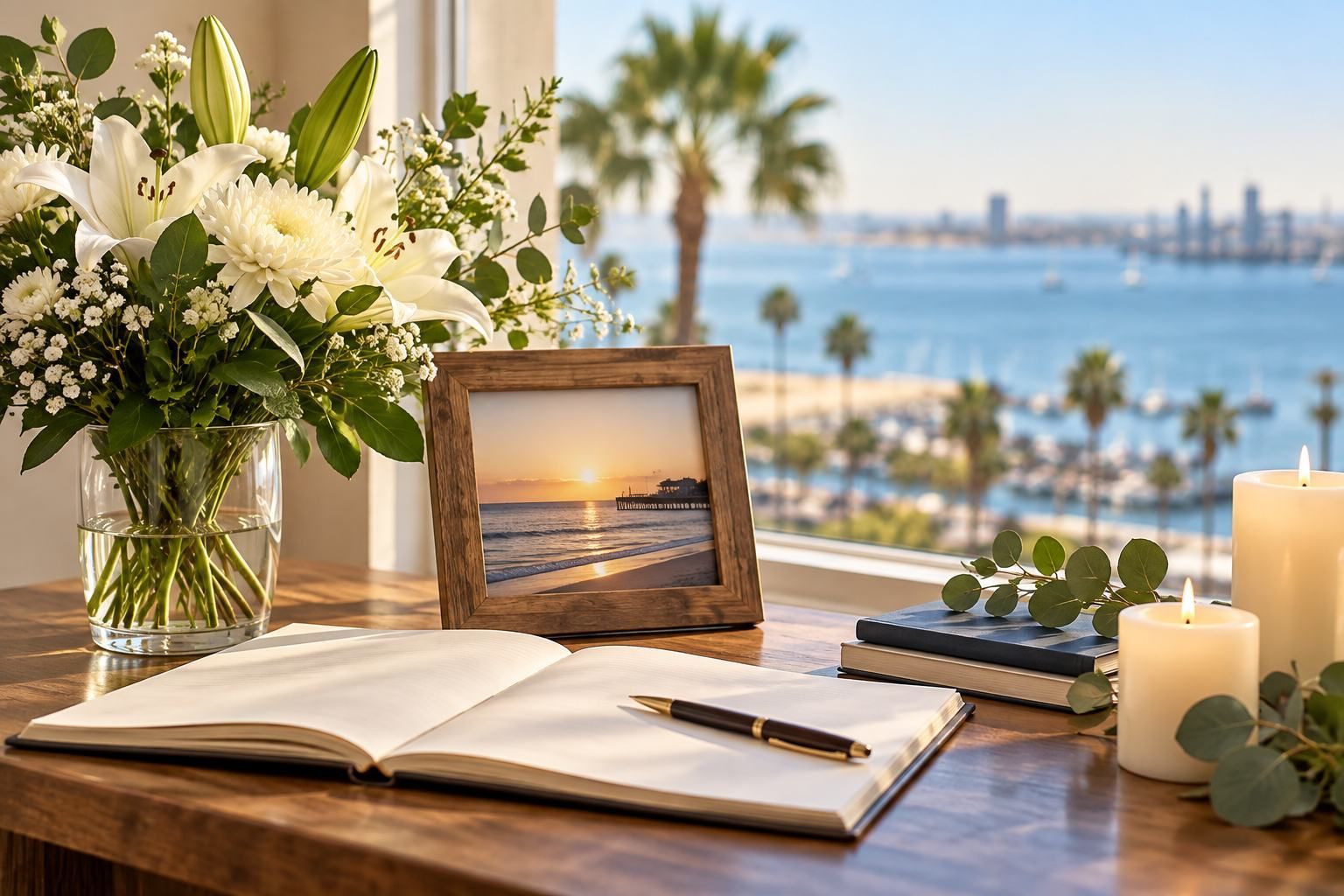 Cremation memorial setting with flowers and candles in Long Beach, CA