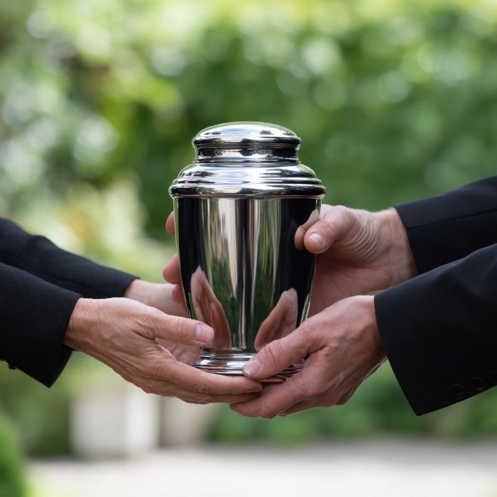 Lakewood, CA cremation services with hands holding polished silver urn during outdoor memorial transfer.