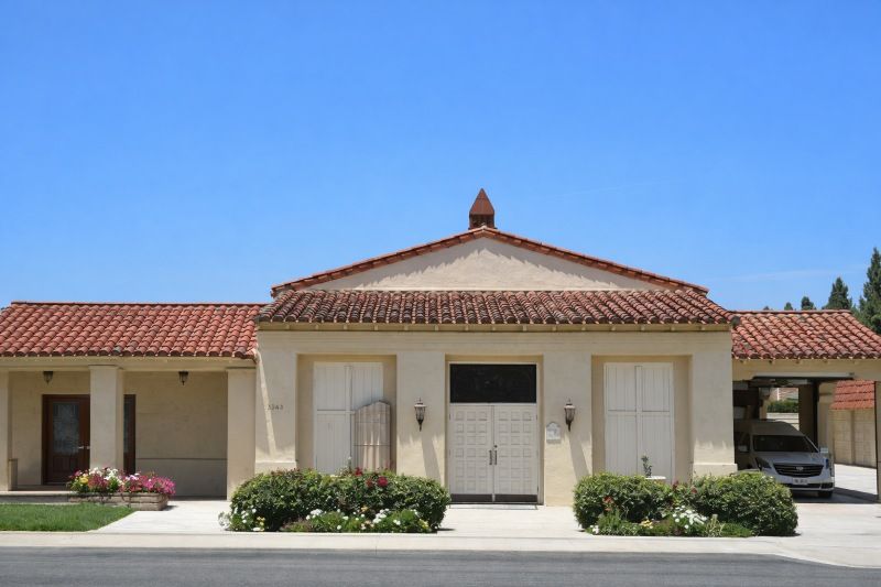 Lakewood, CA funeral home and cremations exterior with beige stucco, red tile roof and central entry doors.
