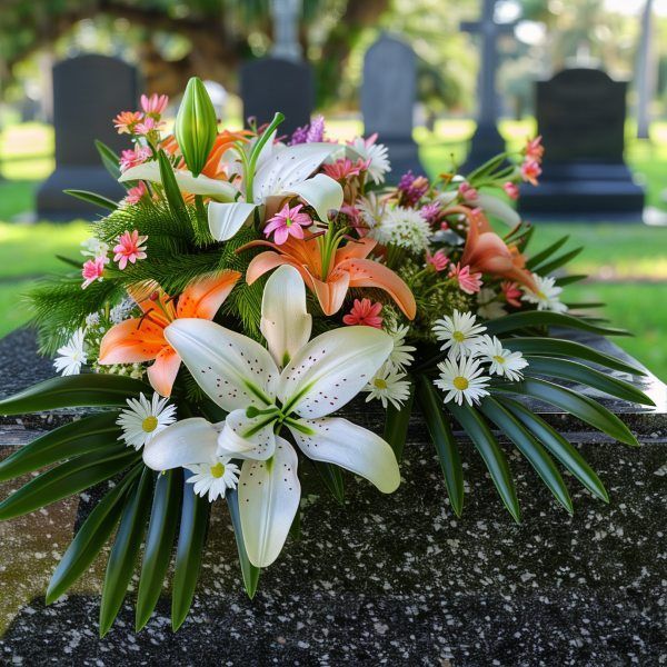 Lakewood, CA funeral services graveside flowers with lilies and daisies on granite headstone in cemetery.