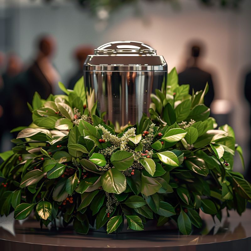 Long Beach, CA cremation services with silver urn surrounded by green foliage wreath at memorial gathering.