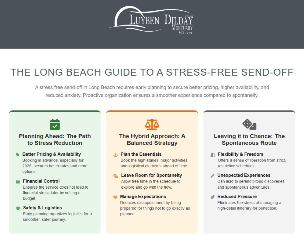Long Beach, CA funeral home and cremations infographic on stress-free send-off planning options.