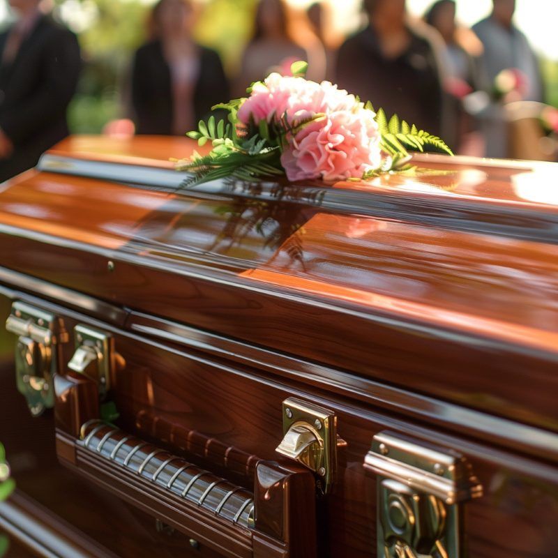 Long Beach, CA funeral services with polished wood casket, brass hardware and pink flowers in sunlight.