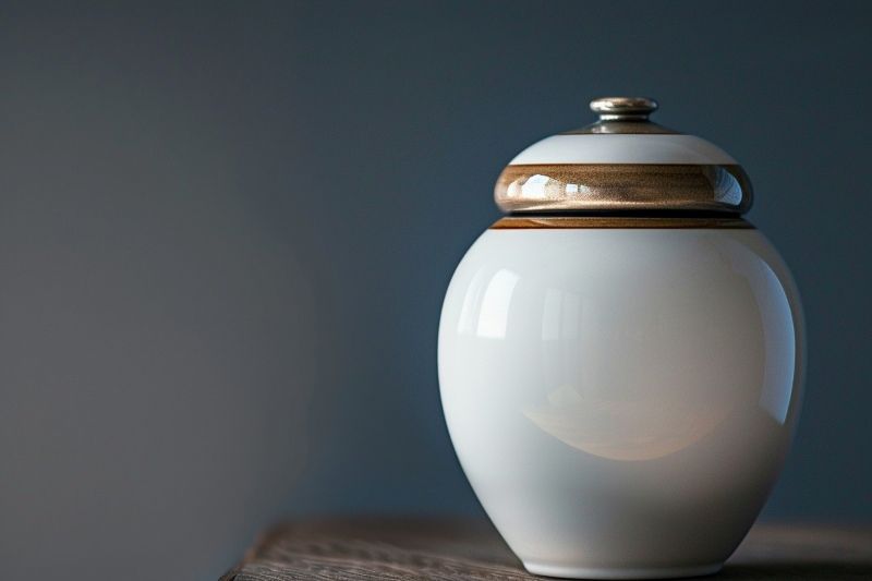 Los Alamitos, CA cremation services modern white urn with metallic lid and bronze accent on table.