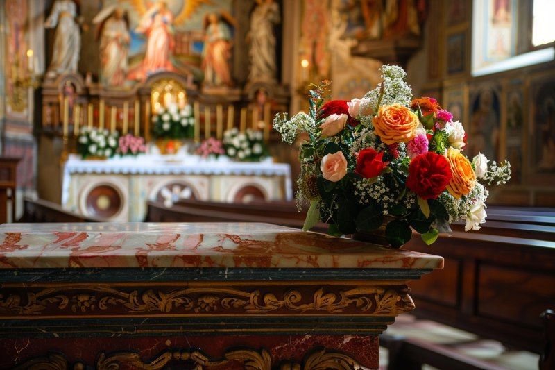 Los Alamitos, CA funeral services church memorial with rose arrangement on altar table near sanctuary.