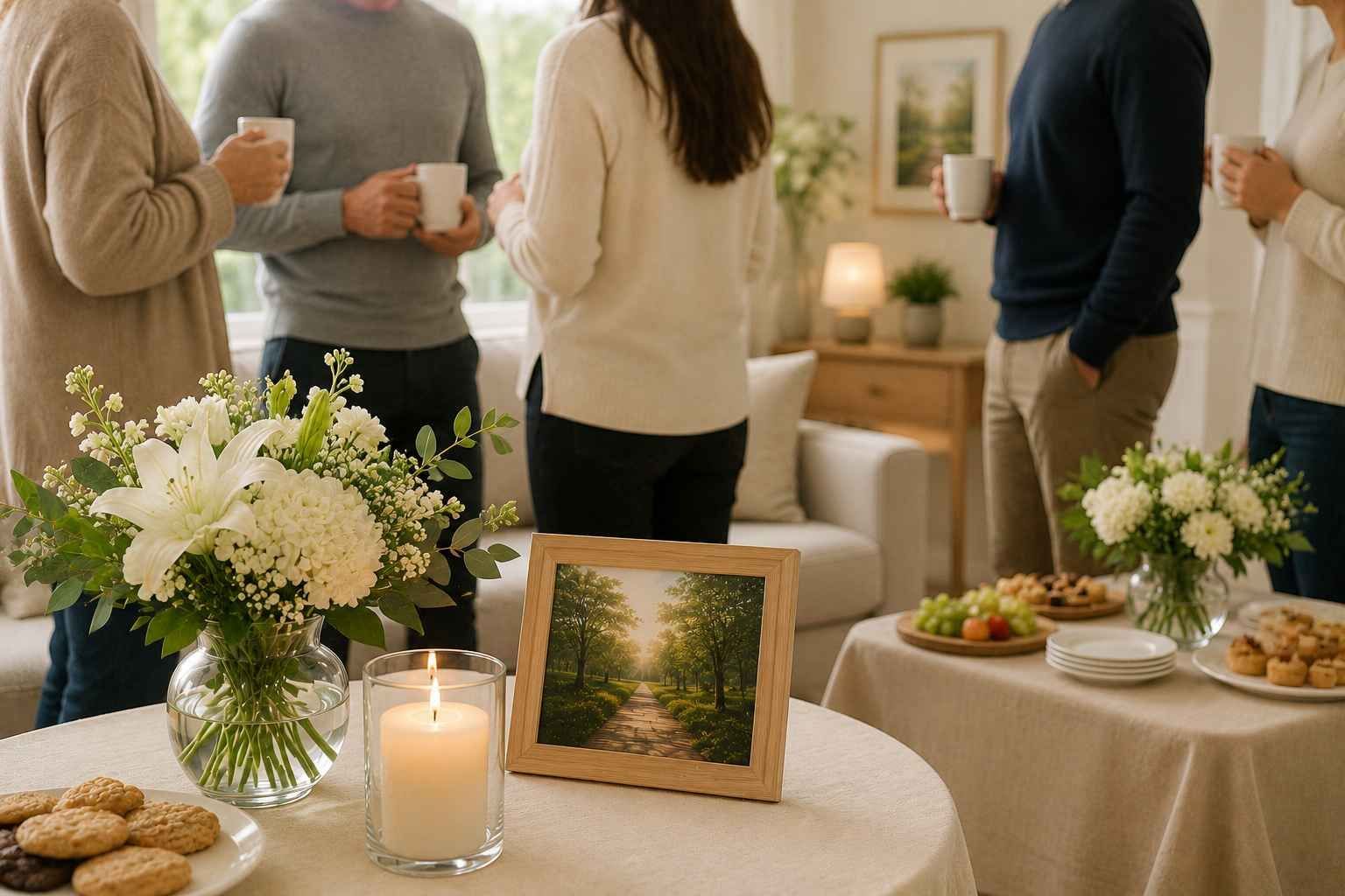 Memorial gathering with flowers, a candle, framed photo, and family members sharing support in a hom