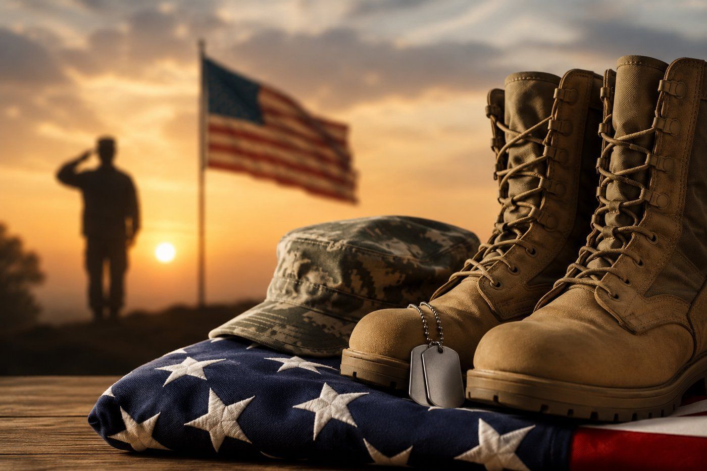 Military boots, folded American flag, and dog tags honoring veteran services and sacrifice