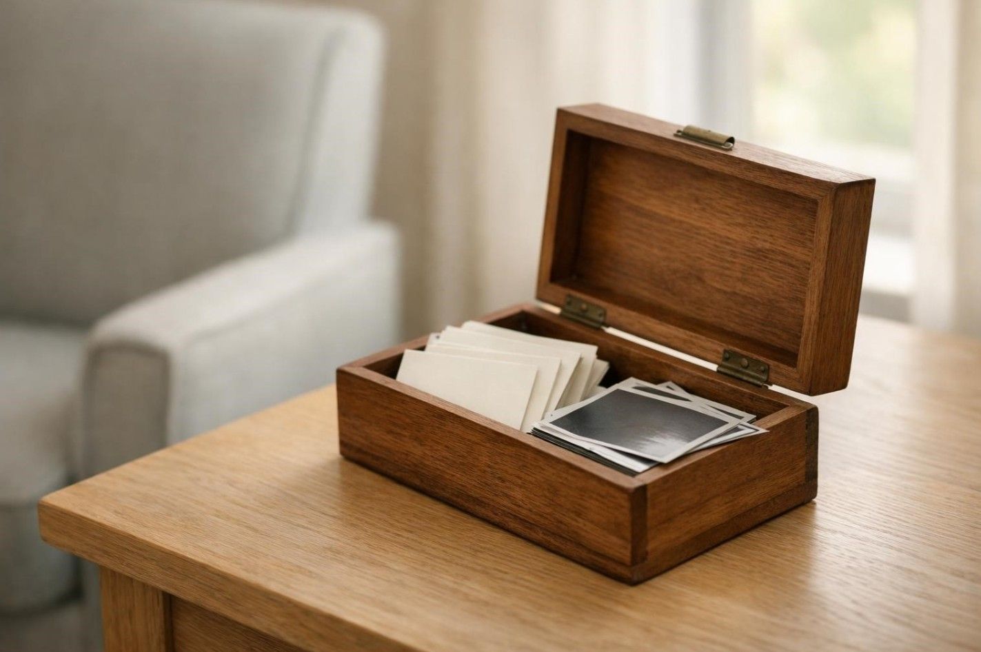 Open wooden memory box with blank note cards and face-down photographs beside an empty chair in a so