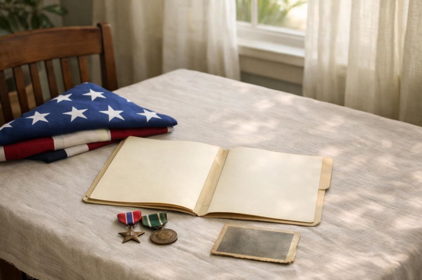 Folded American flag, service medals, and a blank records folder on a sunlit table in Long Beach, CA