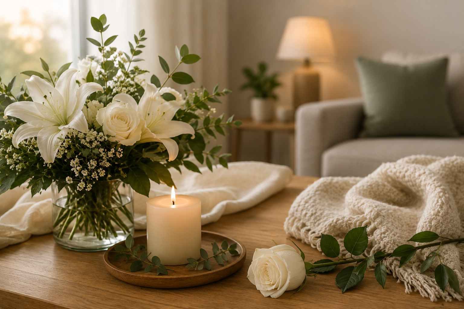 White lilies, roses, and memorial candle creating a comforting tribute setting in Lakewood, CA.