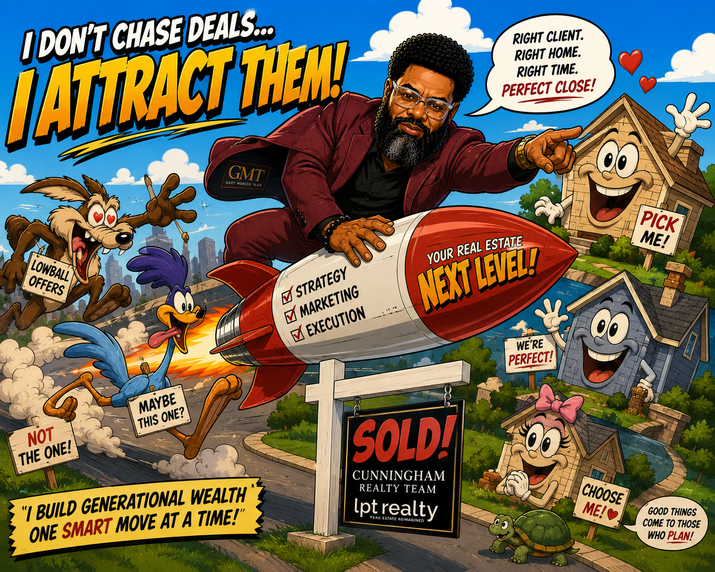 Man flying beside a red rocket with comic text, neighborhood house scenes, and “I attract them!” slogan