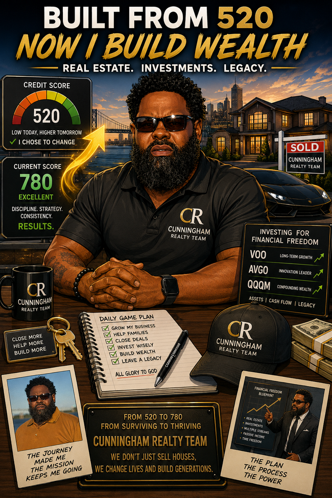 Promotional poster for wealth building, showing a man at a desk with real estate and investment stats