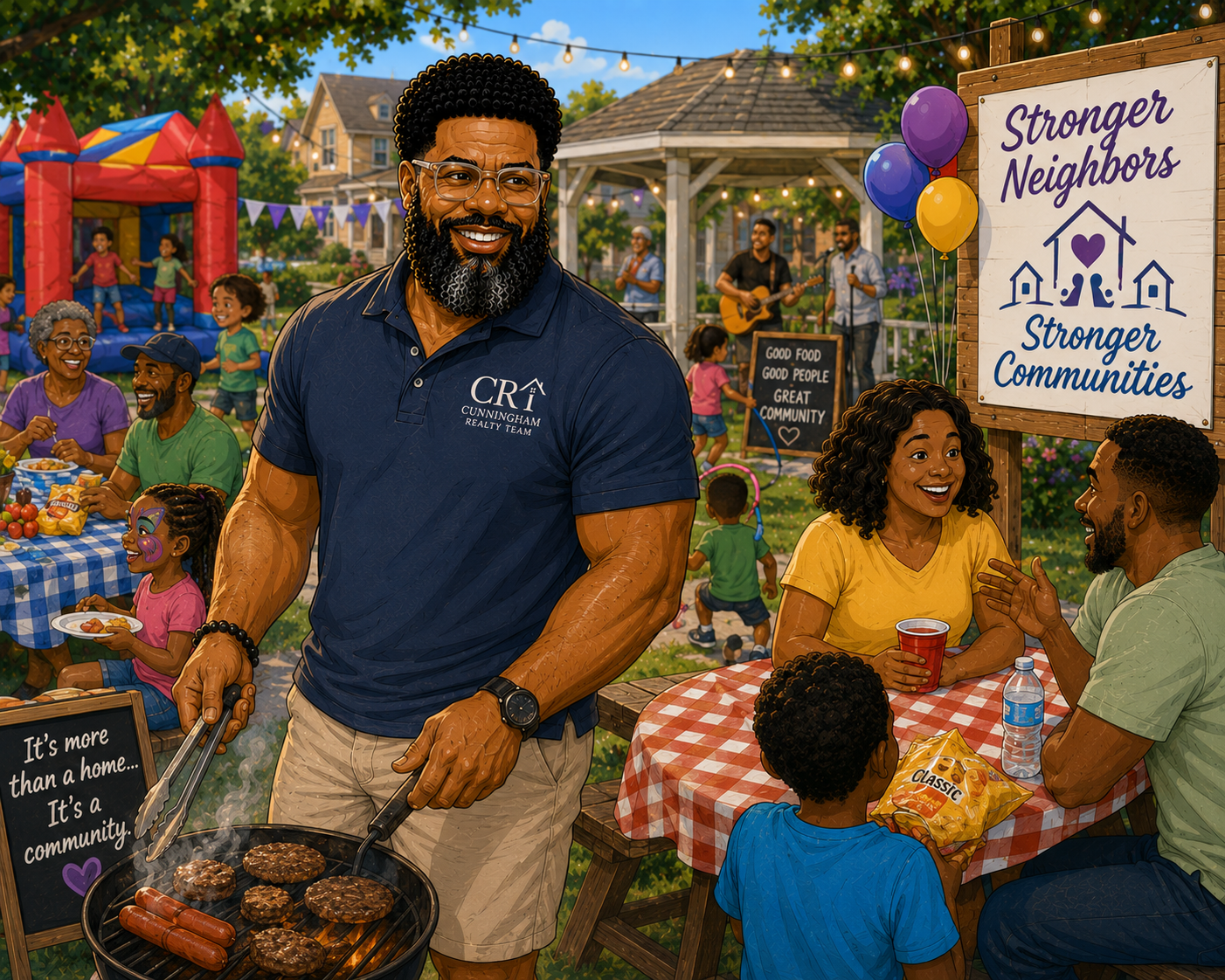 Community outdoor event with smiling people, picnic tables, balloons, and a sign reading “Stronger Neighbors, Stronger Communities.”
