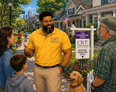 Man in yellow CRT shirt speaking with neighbors on a suburban street beside a real estate sign and dog.