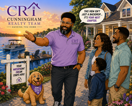 Realty team ad with three people, dog, and waterfront homes under a “your home story starts here” speech bubble.