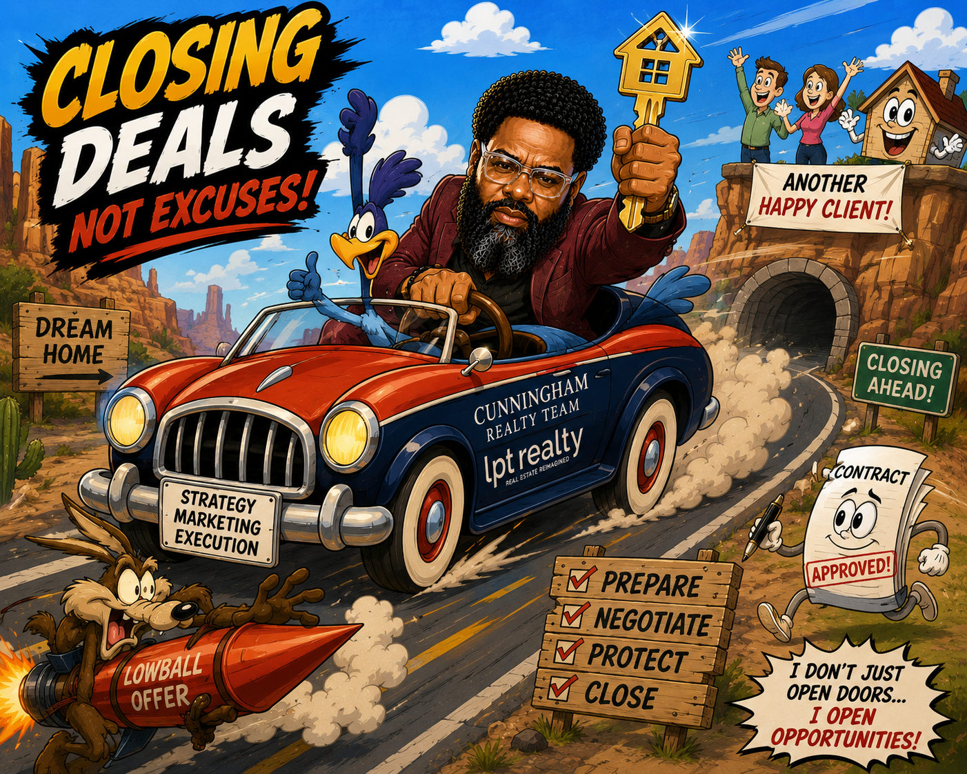 Cartoon car salesman in blue convertible with “Closing deals not excuses” signs and a smoking rocket on a road