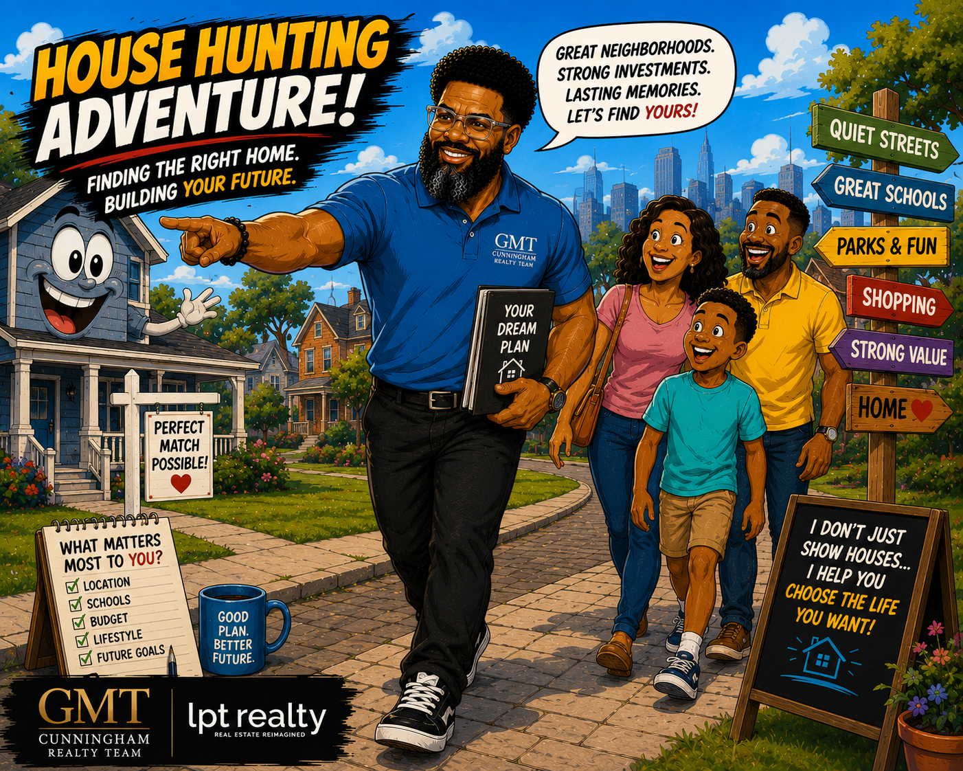 House-hunting adventure poster with smiling family walking past a home and bold real estate signs.