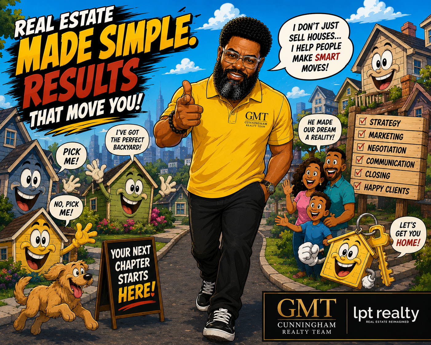 Real estate promo with man in yellow shirt, cartoon houses, and text “Made Simple. Results that Move You.”