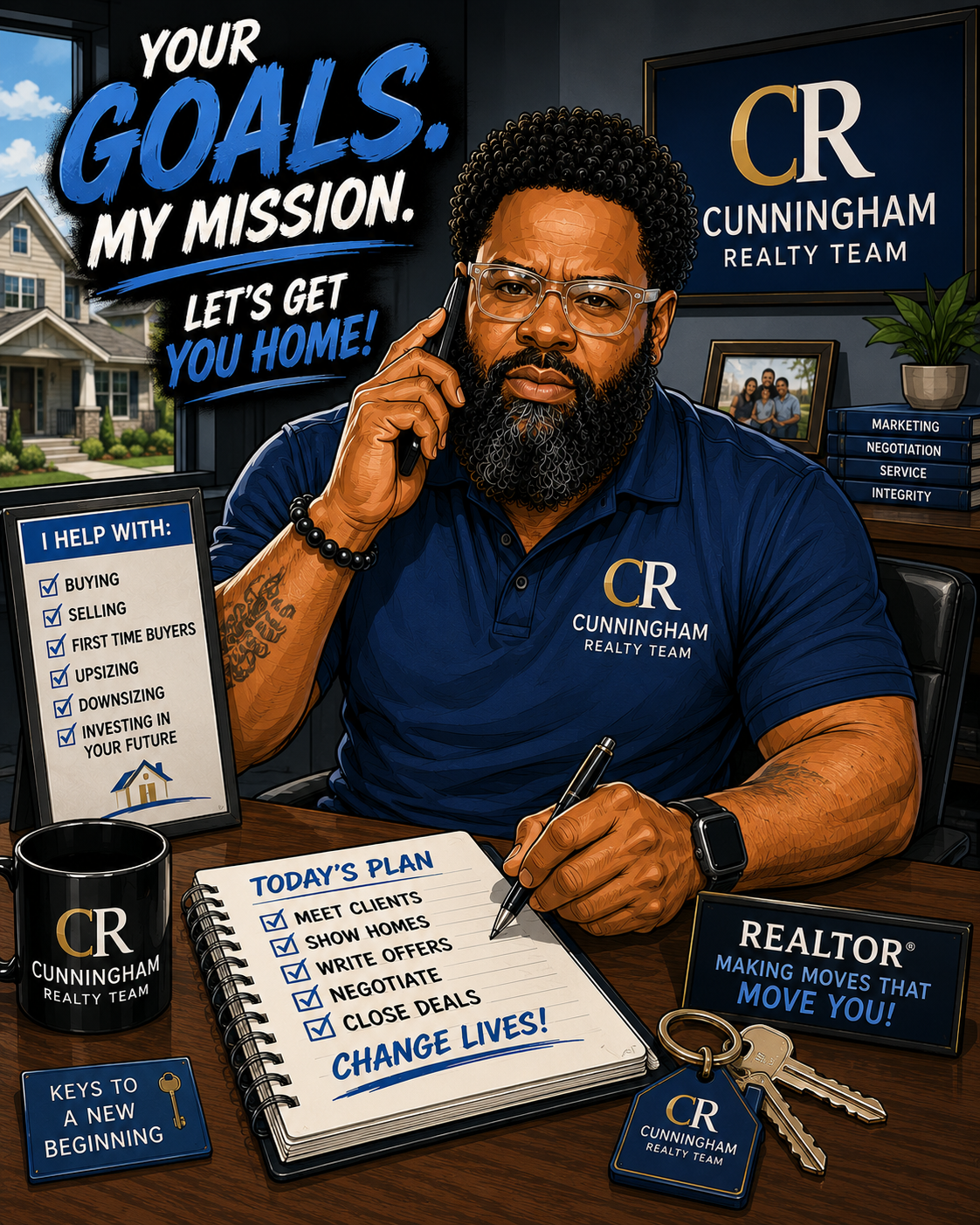 Real estate promo with a man in navy shirt at desk, holding phone, surrounded by “Your goals, my mission” text and logo.