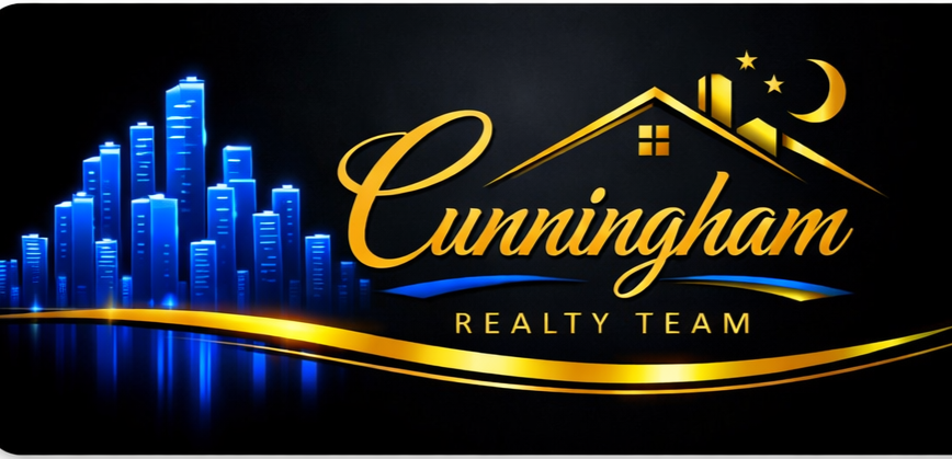 Cunningham Realty Team logo with blue skyline, gold script, and roofline on black background