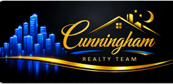 Cunningham Realty Team logo with blue skyline, gold script, and roofline on black background