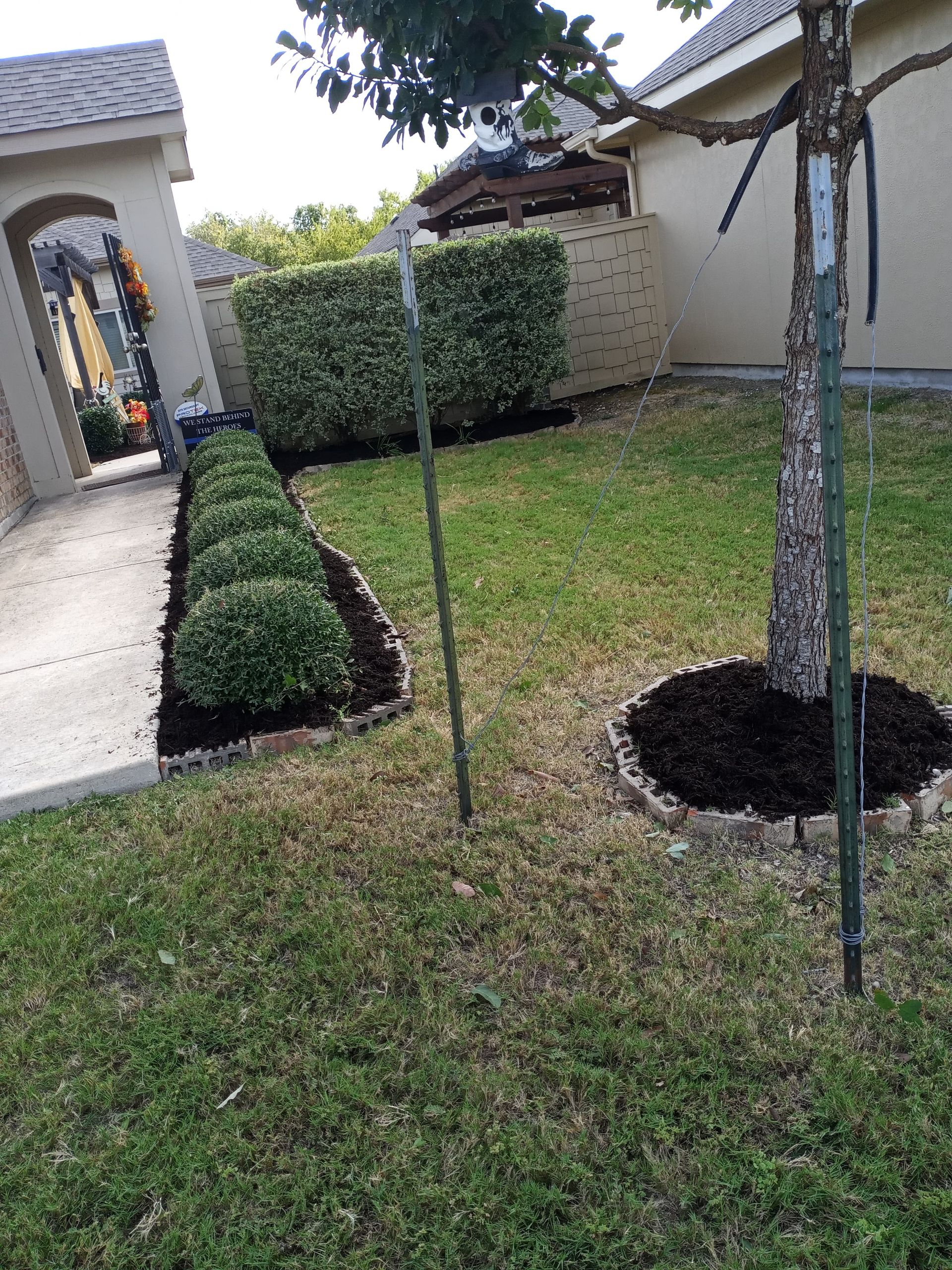 Lawn with trimmed shrubs, mulch beds, a tree, and a sidewalk leading to a light-colored archway.
