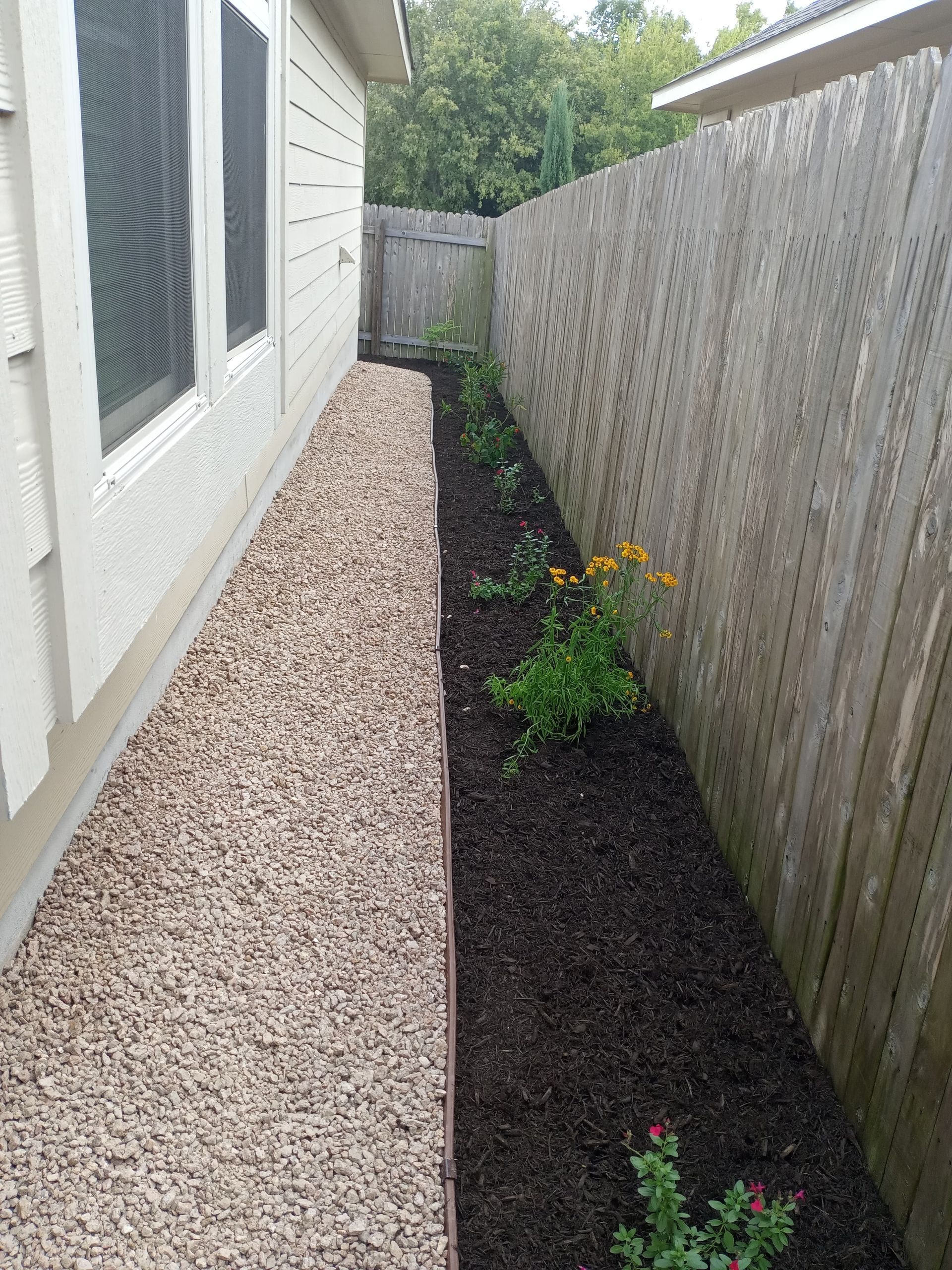 Narrow side yard with gravel path next to a building and mulch bed along a wooden fence, with some plants and flowers.