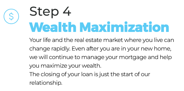 Step 4: Wealth Maximization. Text explaining managing mortgage & maximizing wealth after a home purchase. Blue & white.
